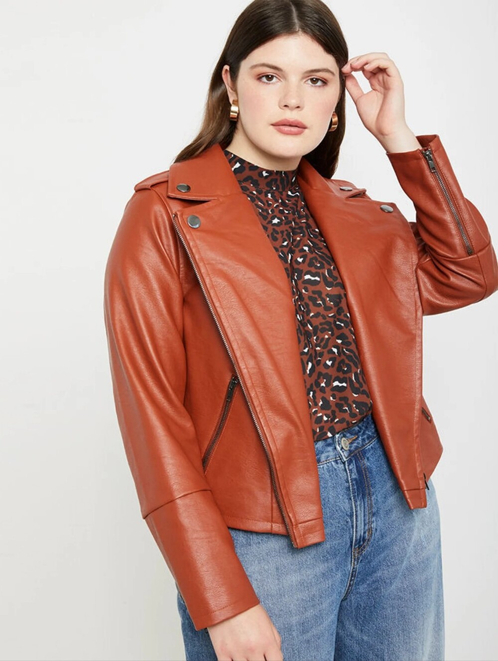 Eloquii Cognac Brown Faux Leather Moto Jacket